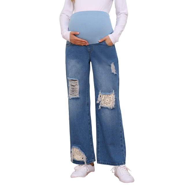 Jeans de maternidad para mujer INSPIRE CHIC, rasgados, desgastados, con parches de encaje, soporte sobre el vientre, pantalones de mezclilla para el embarazo, L azul