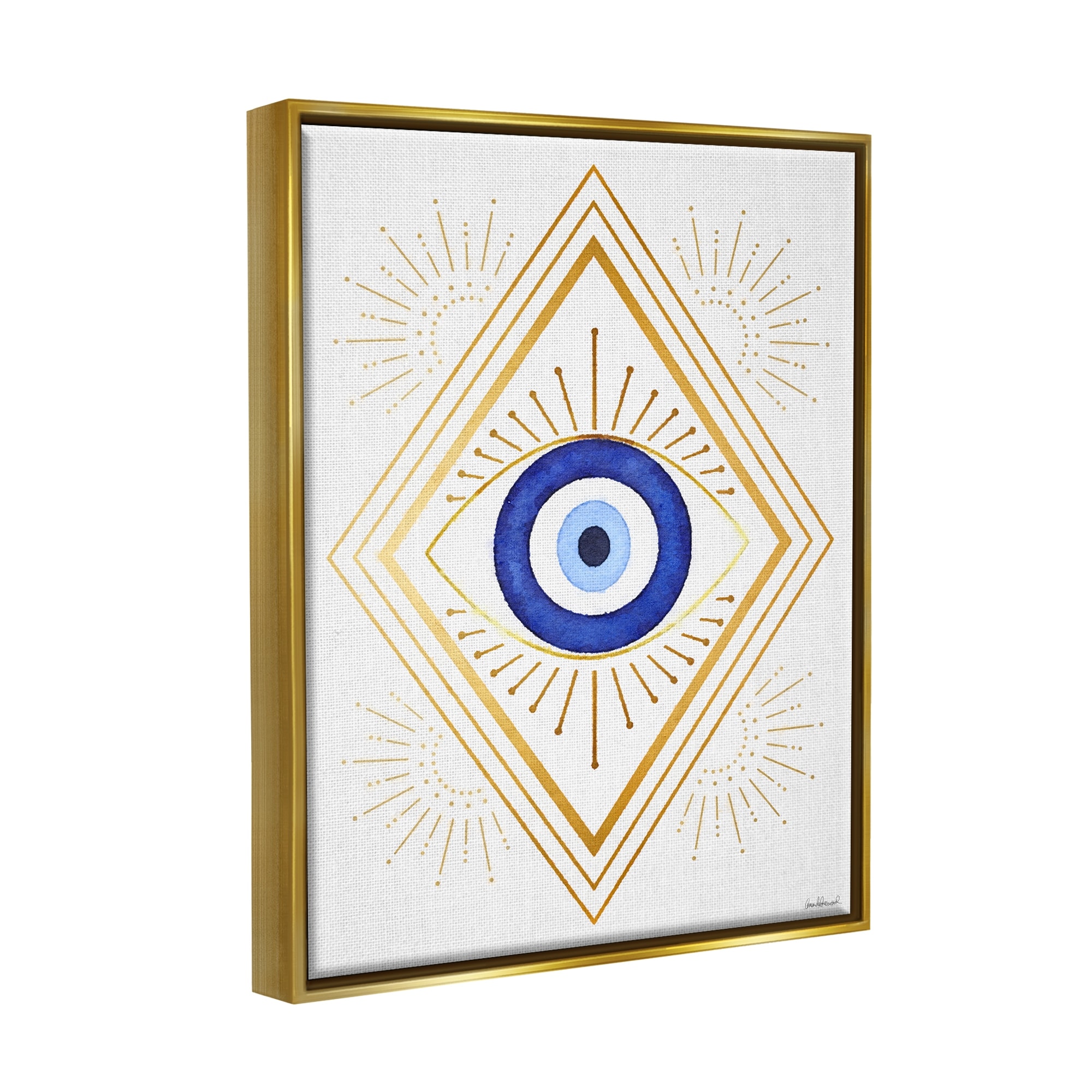 Stupell Industries Vivid Blue Eye Vintage Geometric Deco Glam Shapes Metallic Gold Framed Floating Canvas Wall Art, 24x30, by Amanda Greenwood