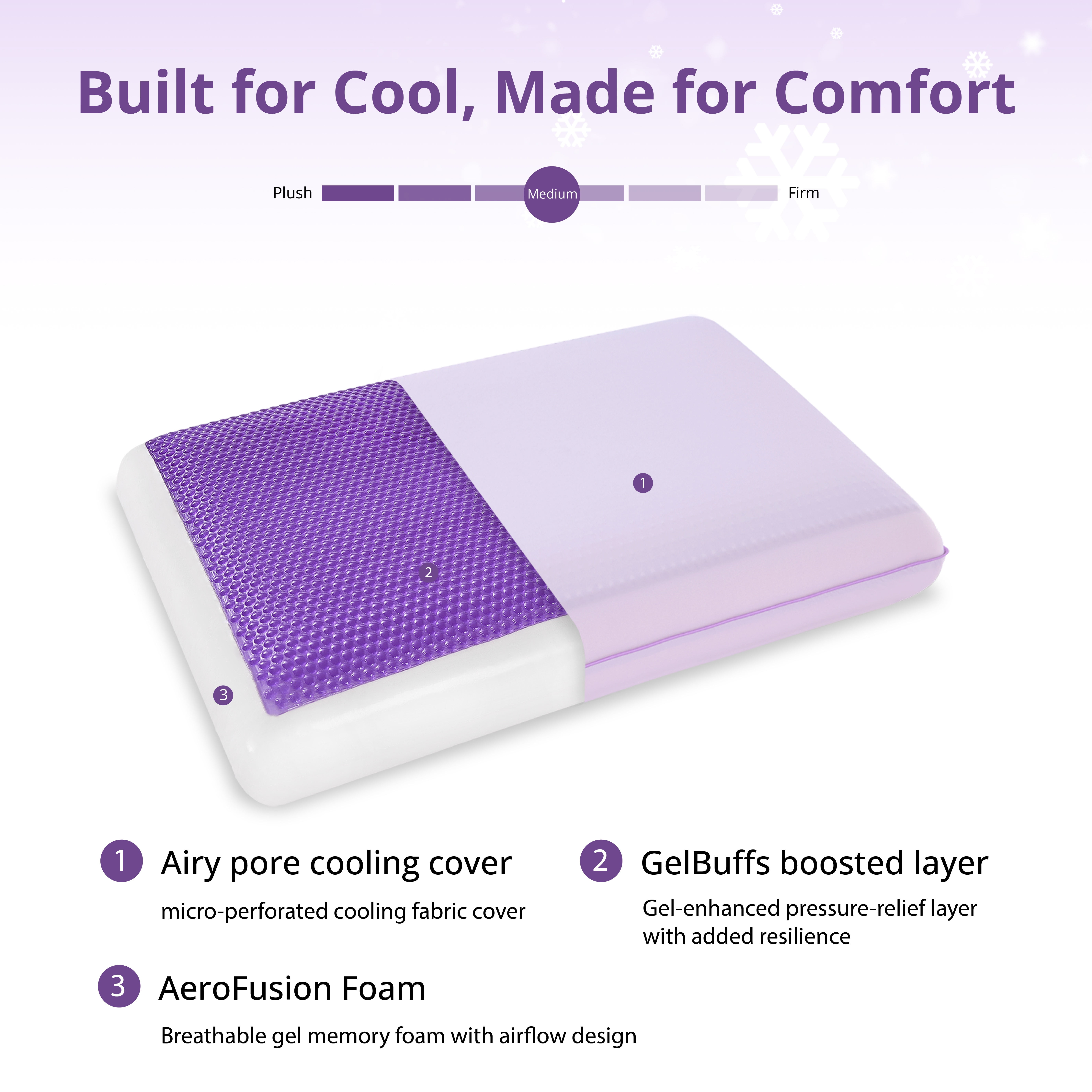 EGOHOME Single Cooling Gel Bed Pillow, Memory Foam Pillow, Standard Queen, Purple, Cooling Removable Cover, Medium-soft