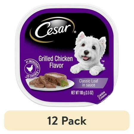 (12 pack) Cesar Classic Loaf in Sauce Wet Dog Food Grilled Chicken Flavor, 3.5 oz. Easy Peel Trays, 24 Count