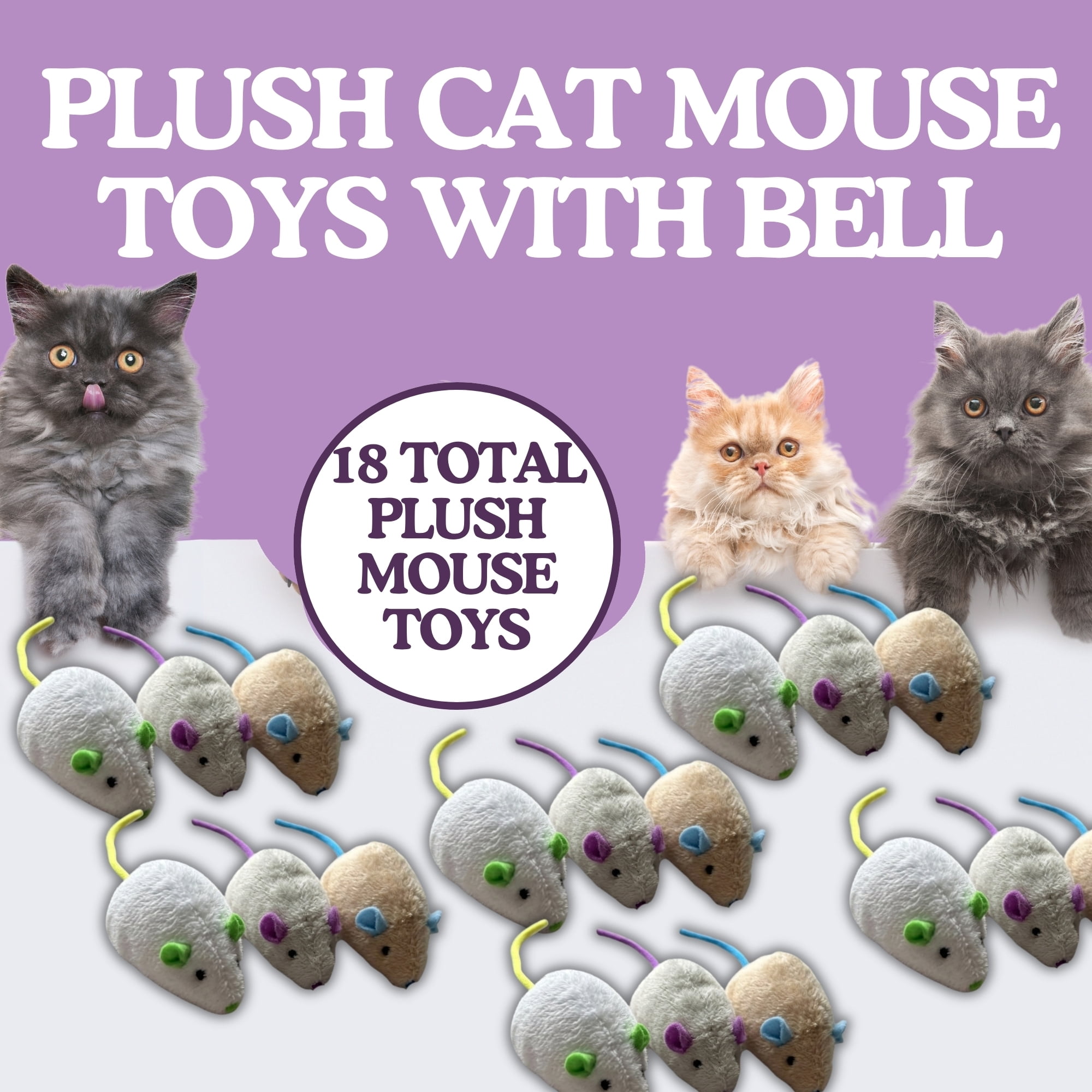 Klassique Logistics Plush Cat Mouse Toys with Bell, 6-Pack (Total of 18) Interactive Cat Toys for Indoor Cats, Soft Plush Kitten Chase & Chew Toys, Assorted Colors