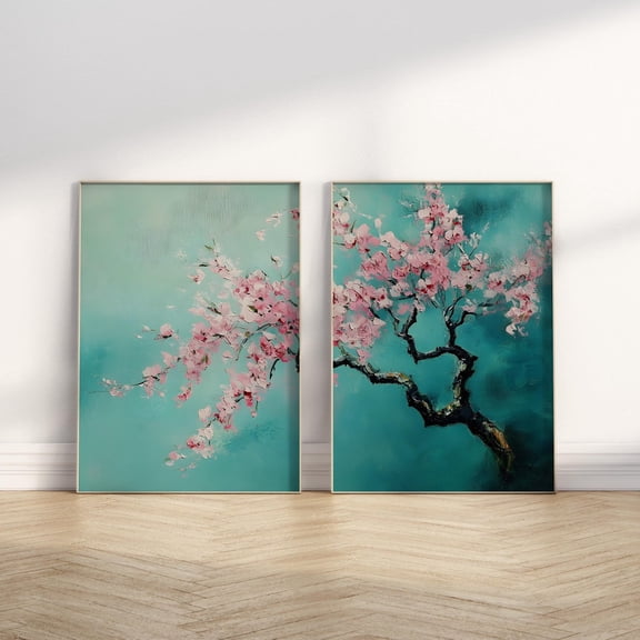 UNFFRAMED Sakura Cherry Tree Wall Art Set Of 2 Pieces Posteraple Japanese Artwork Wall Decor Pink Turquoise Vintage Modern Home Decor Set 2 Prints 8x12