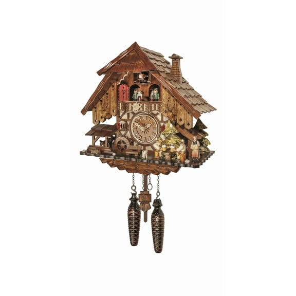 Quartz Cuckoo Clock Black forest house with music and dancers, moving beer drinkers EN 48717 QMT