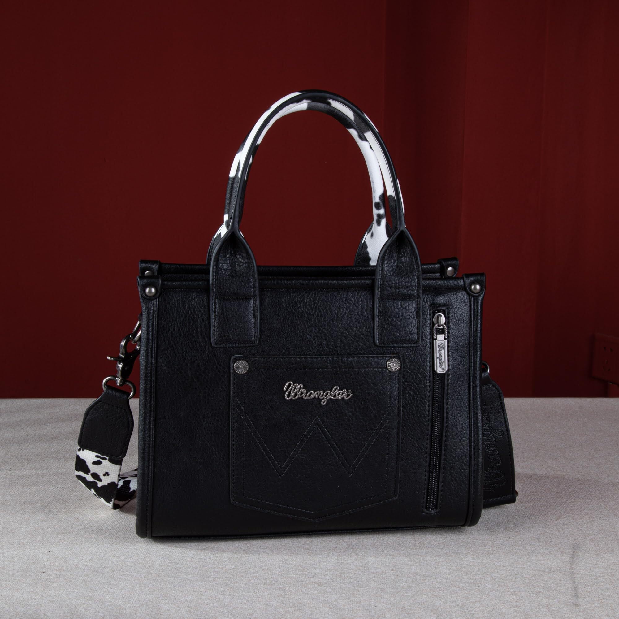 Wrangler Purse Medium Tote Bags for Women with Card Holder Wallet Designer Satchel Top-handle Handbags, Cow Print-Black