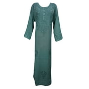 Mogul Womens Shift Dress Green Stonewashed  Button Front Embroidered Resort Fashion Maxi Dresses