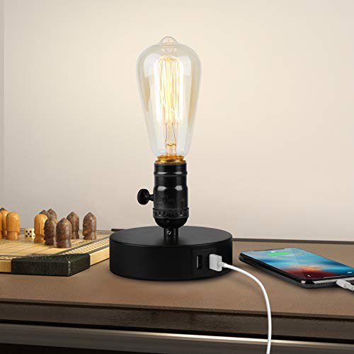 Edison Desk Lamp Dual 2 1a Usb Charging Port Table Lamps Small Industrial Bedside For Nightstand Bedroom Study Black Com Usb Charging Port Table Lamps, Edison Table Lamps