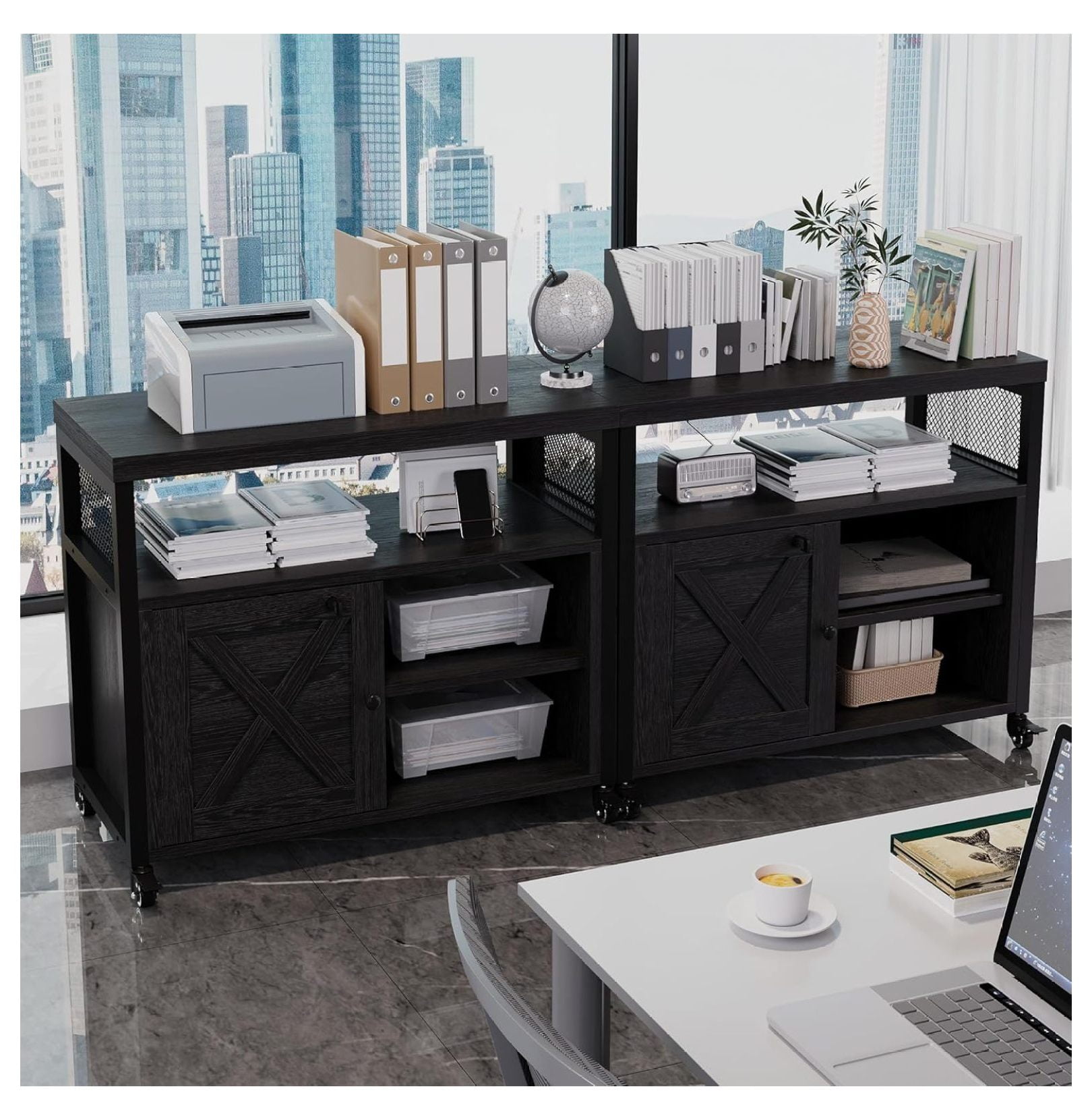 Farmhouse Printer Stand with Storage, Rolling Printer Cabinet with Shelves, Station, Wheels, and File Cabinet for Home Office Storage (Black)