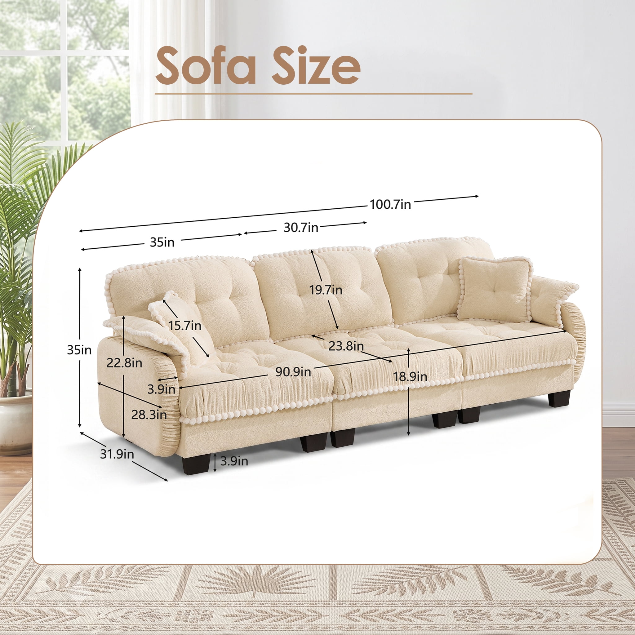 Anpport Modern Aesthetic Cream 3-Seater Chenille Sofa, Quilted Tufted Couch with Pom-Pom Trim, Includes 4 Throw Pillows for Small Space, Apartment, Office & Living Room