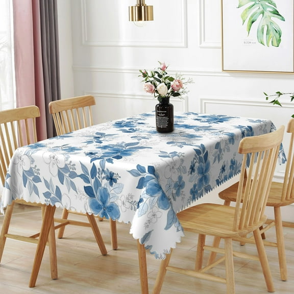 Nanqianyi Blue Blooming Flowers Rectangular Tablecloth 52" x 70" Watercolor Floral for Kitchen Table Decor, Washable Table Cover