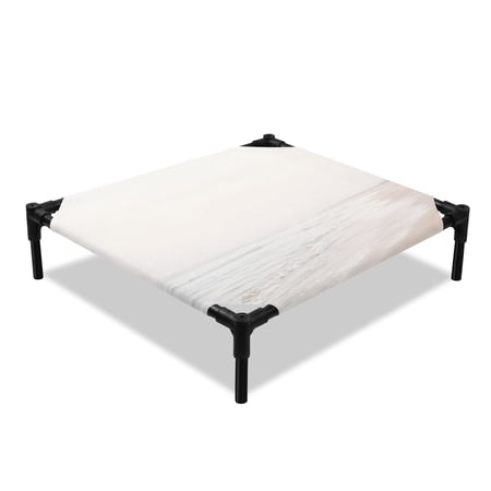 Sandy Shore Elevated Dog Bed Coastal Modern Beige Ocean Waves Beach Landscape Cooling Breathable Outdoor Raised Dog Cot Bed with Metal Frame Non-Slip Feet for Small Dog 20x20in