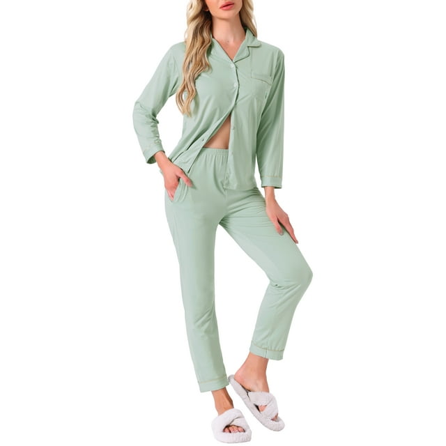 INSPIRAR CHIC Pijamas de Algodón para Mujeres, Con Botones, Camisa de Manga Larga y Pantalones, Conjuntos de Pijamas L Verde