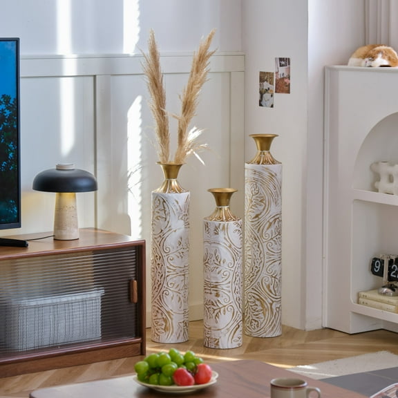 Luxury White Metal Cylinder Vases Set of 3 – Durable Glazed Home Décor, 24in/28.7in/33.5in Tall Slim Vases with Embossed Patterns