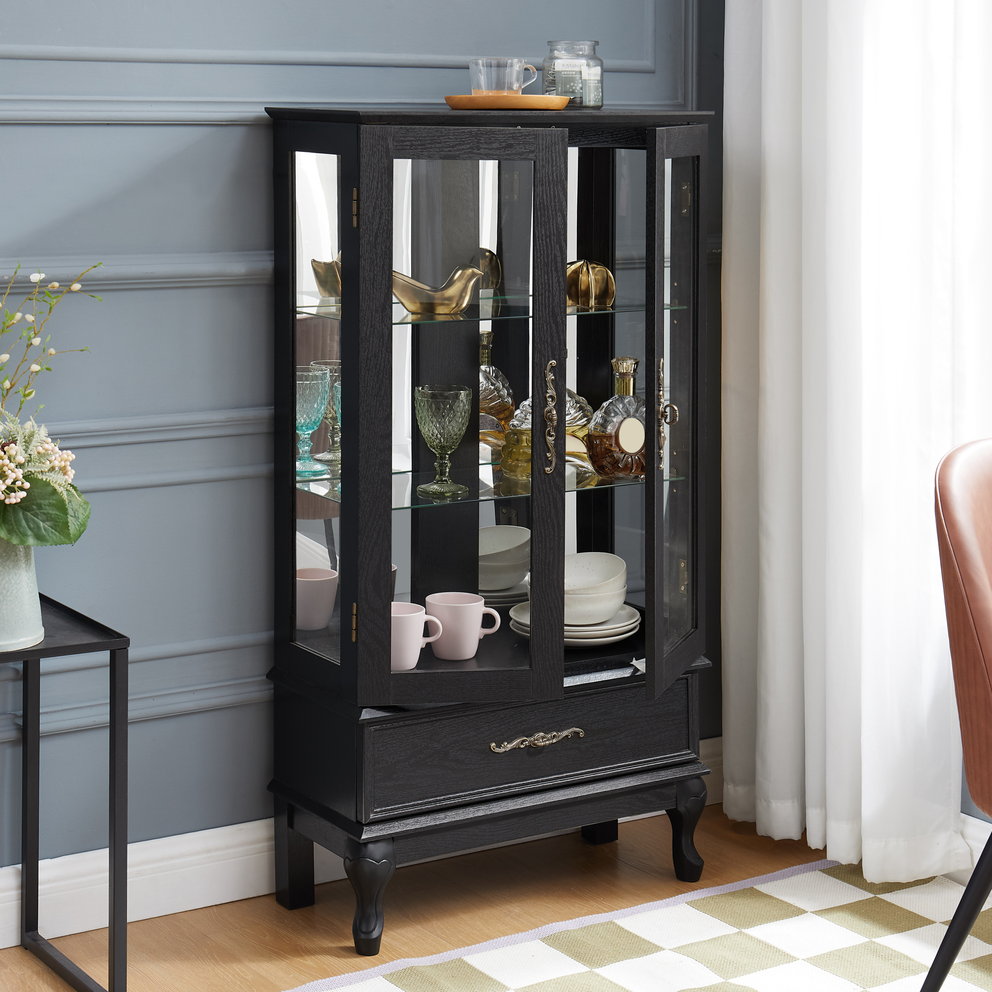 Leumius Curio Glass Cabinet, Glass Wine Cabinet Curio Display Cabinet with Adjustable Glass Shelves 2 Doors and 1 Drawer Cabinet Sideboard with Bulb Included for Home Decor Black