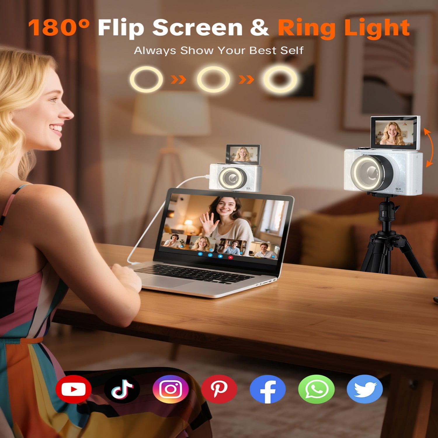 W&O Q5 4K Digital Camera, 180° Flip Screen Point and Shoot Camera with Ring Light, SD Card, White