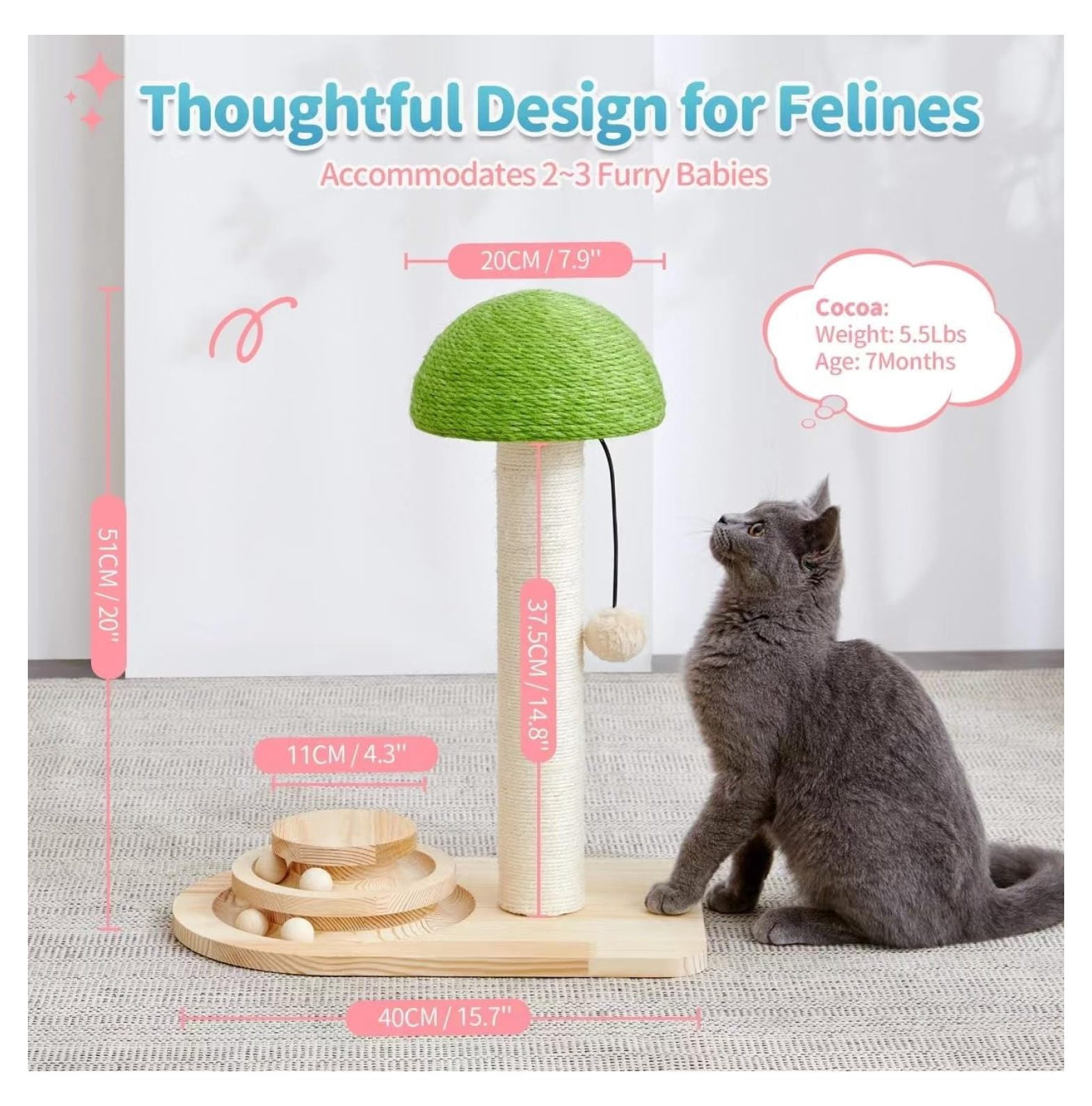 Cat Scratching Post Mushroom, Sisal Scratcher with Ball Toy - 20 Inch Kitten Scratcher for Indoor Cats - Interactive Wood Cat Tree Activity Center Green