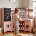 thumbnail image 4 of TLSUNNY Kids Wooden Play Kitchen Set, W/ Chalk Board, Light & Sound, Range Hood, Faucet & Accessories, Toddler Pretend Play Kitchen Set for Gifts, 4 of 9