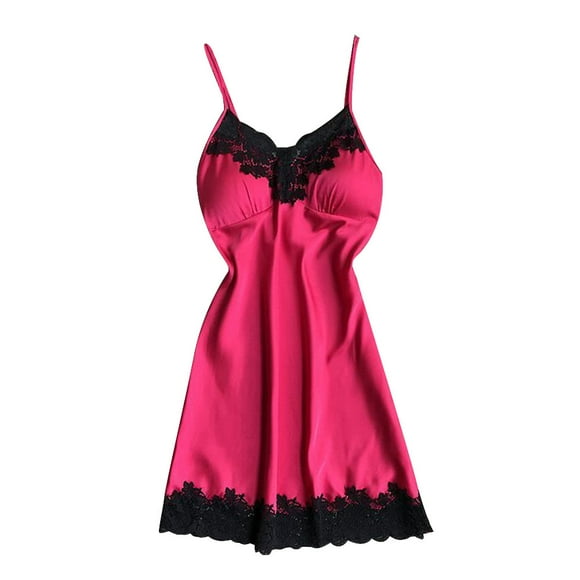 Fgnfyis Satin Sleepwear Women Ladies Nightwear Nightdress Sexy Lingerie with Chest Pads Lingerie Sets Hot Pink XL