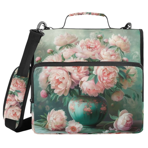 3 Ring Zipper Binder with Shoulder Strap Waterproof Trapper Keeper 2 Inch D-Ring 500 Sheets Capacity Peonies Bouquet in Vases