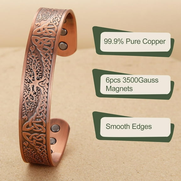 Vagzen 7.5'' Pure Copper MagneticBracelets for Men Women, Tree of Life Cuff Copper Bangles