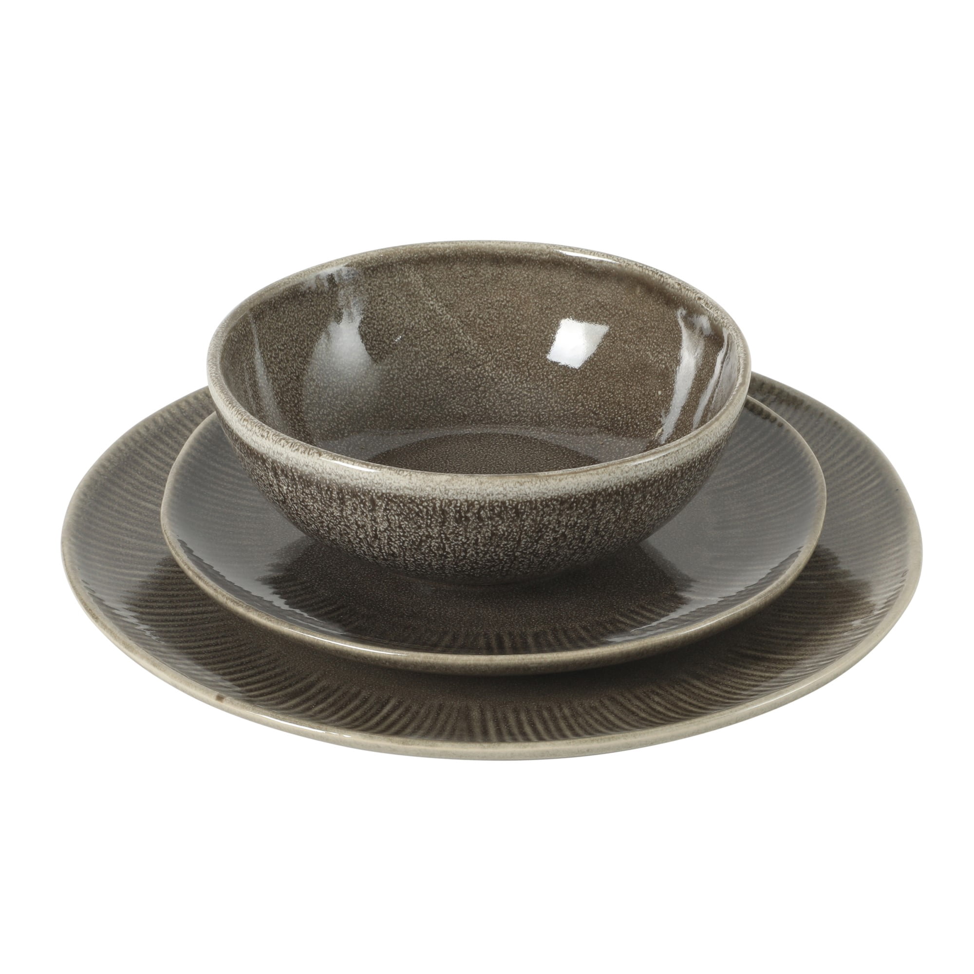 Gibson Elite Sandy Pines Stoneware Plates and Bowls Set - 12 Piece Reactive Glaze Dinnerware Set - Service for 4 - Dishwasher and Microwave Safe - Brown
