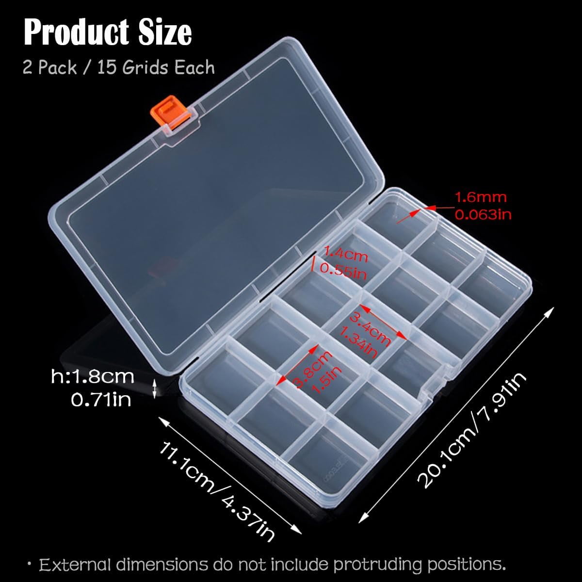 ABCISI 2 PCS Transparent Beads Storage Containers Box, Plastic Bead Organizers for Small Items and Other Craft Projects, Bead Rings Jewelry Display Organizer, Size 7.91 x 4.37 x 0.71 in (15 Girds)