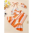 thumbnail image 5 of Musuos Toddler Girl Summer Clothes 3Pcs Outfits, 1-5T Flower Print Halter Camisole + Stripe Flare Pants + Bow Headband, 5 of 10