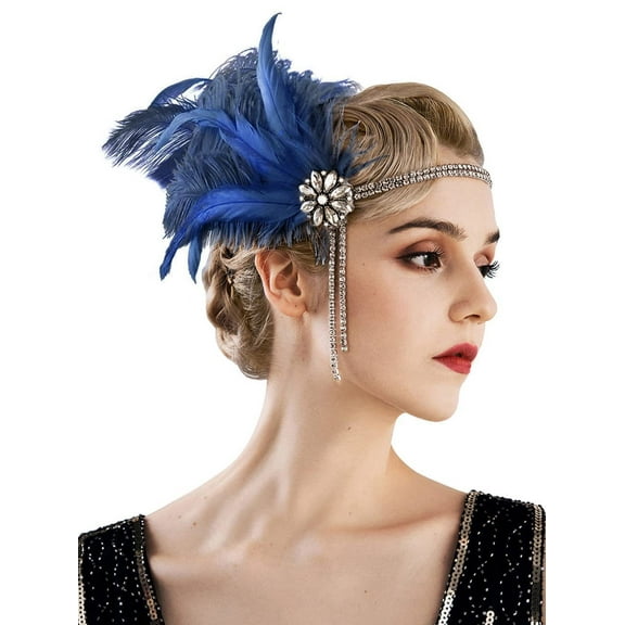 Zhuge 1920s Great Gatsby Headpiece, Headband with Rhinestone, Pearl & Feather for Women’s Accessories, Blue
