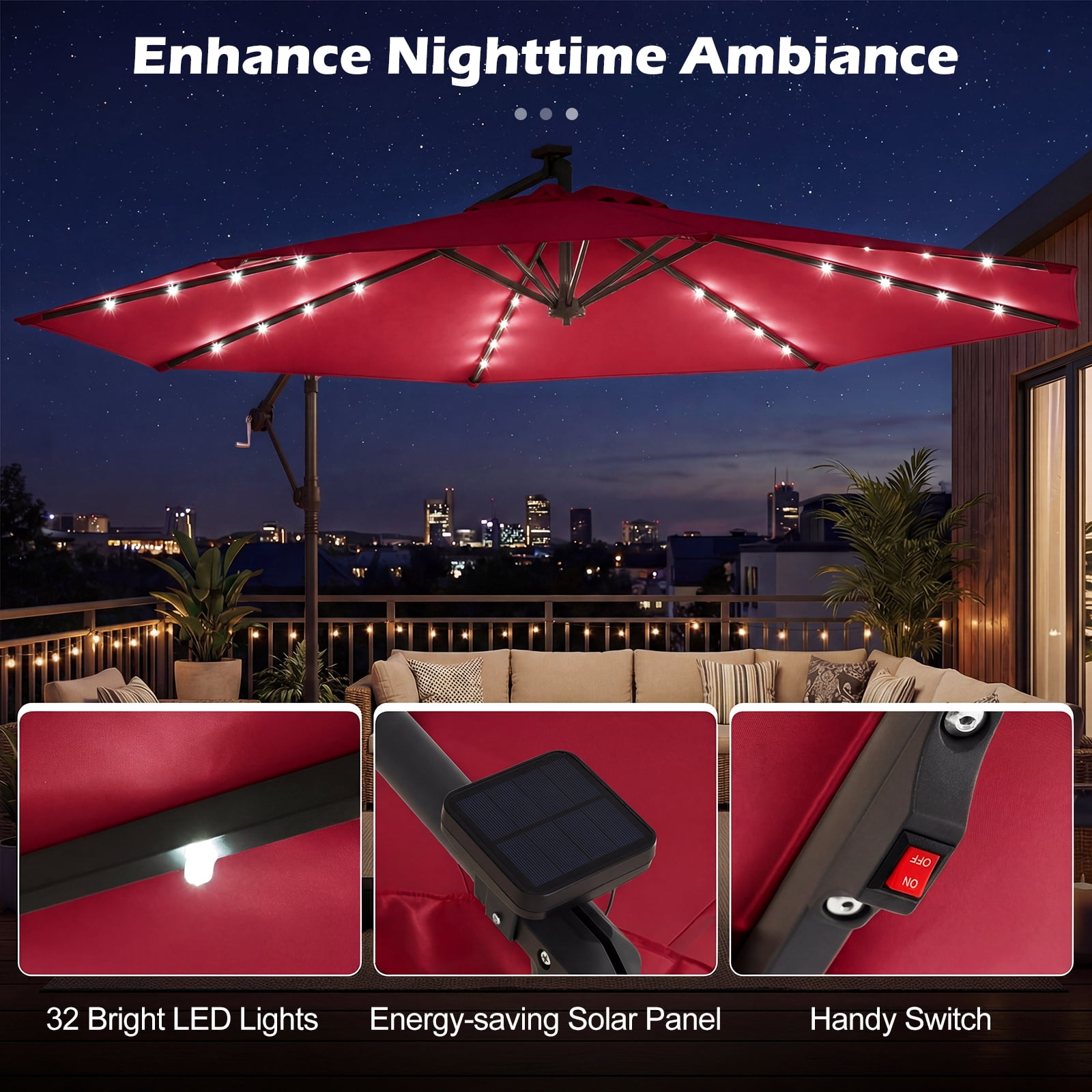 Costway 10 FT Solar Offset Hanging Umbrella Patio Cantilever Umbrella with 32 LED Lights Red