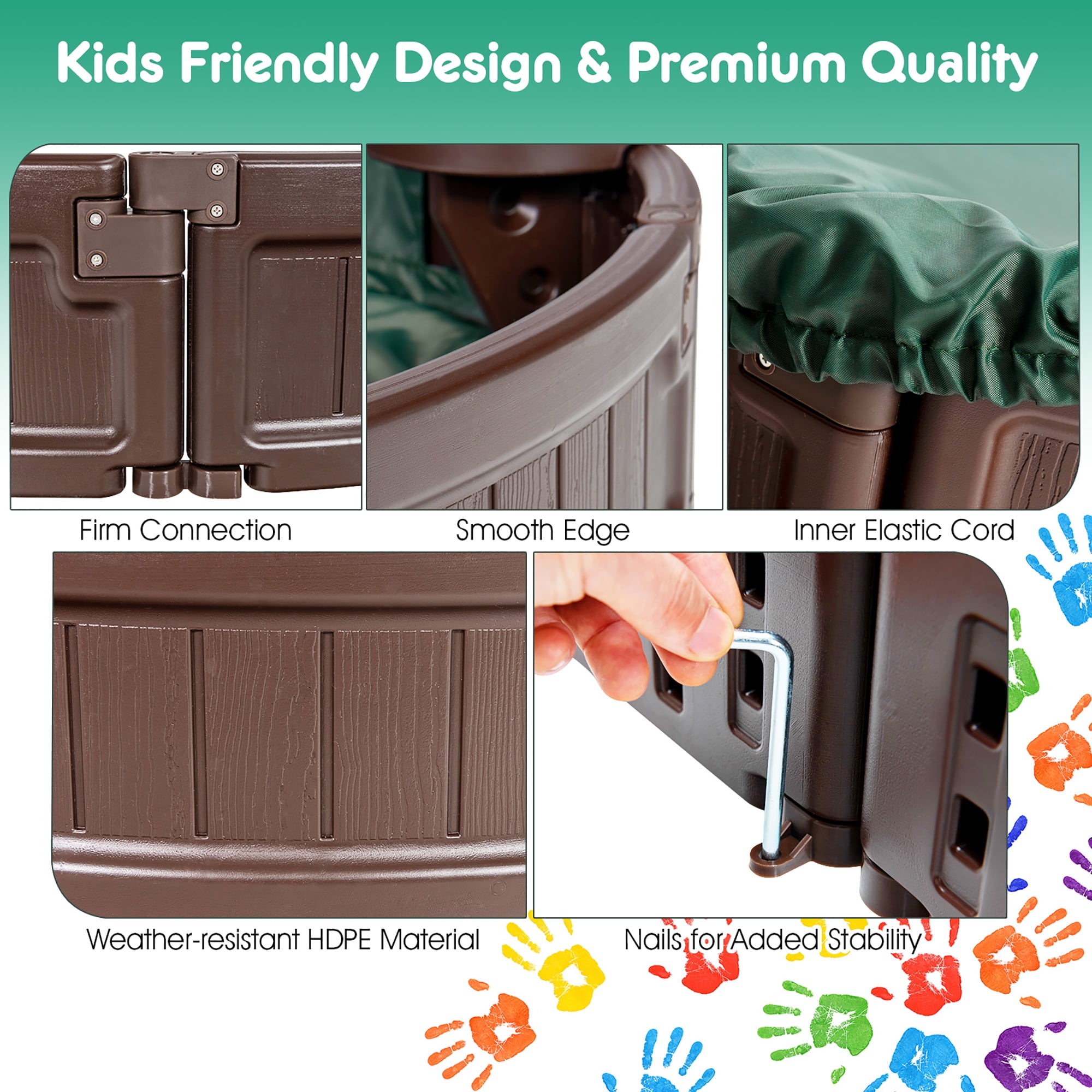 Costway 6F HDPE Sandbox with Built-in Corner Seats, Cover