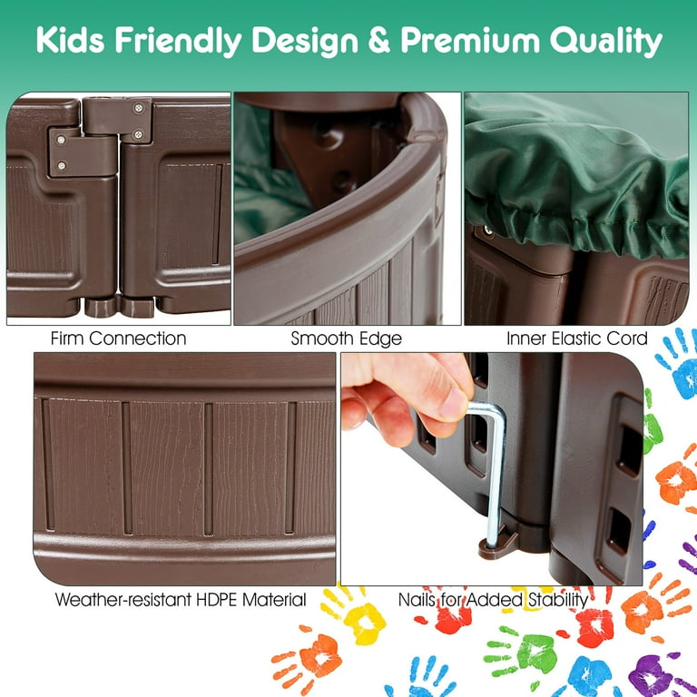 Costway 6F HDPE Sandbox with Built-in Corner Seats, Cover