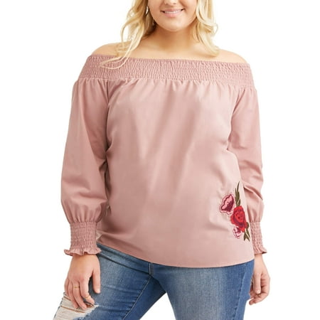 Juniors' Plus Smocked Off Shoulder Poplin Top with Embroidery