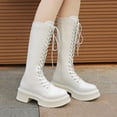 thumbnail image 2 of QQAMB Womens Knee High Combat Boots, Comfort Platform Chunky Low Heel Lace Up Boot Lug Sole Mid Calf Riding-Boots, 2 of 8
