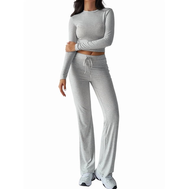 Conjuntos de 2 Piezas para Mujer, Larga, Cuello Redondo, Pantalones Acampanados de Cintura Alta, Conjuntos de Chándal, Ropa de Calle. Gris XL