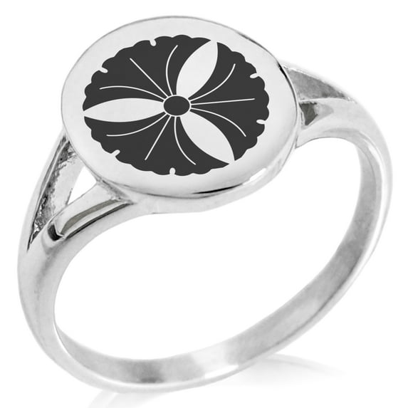 Stainless Steel Tree Ginkgo Leaves Kamon Crest Minimalist Oval Top Polished Statement Signet Ring