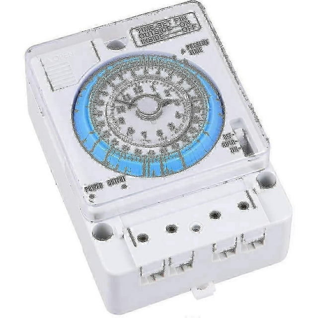 mechanical timer, 12vac/ dc time control switch kitchen timer portable precise timer time control switch for outdoor temporizador mecánico color blanco con carcasa de PC, vista frontal 3/4 que muestra disco numerado con segmentos azules, perilla central, púas de tiempo, tres bornes de conexión y orificios de montaje; compacto (11 x 8.4 x 4 cm), ideal para medir tiempos de horneado y cocción, y suele usarse como temporizador portátil para electrodomésticos en viaje.