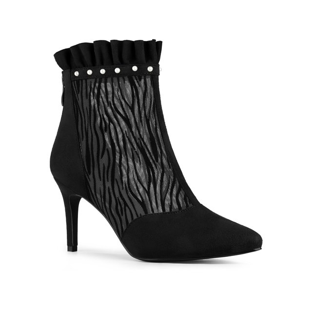 Unique Bargains Bottines à Talons Hauts en Maille à Volants pour Femmes Noires 7.5