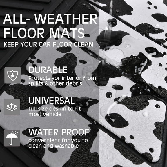 Heavy Duty Rubber Floor Mats Cow Print Car Mats 4-Piece Car Mat Set - Universal Waterproof Floor Mats for Car SUV Truck, Durable All-Weather Mats