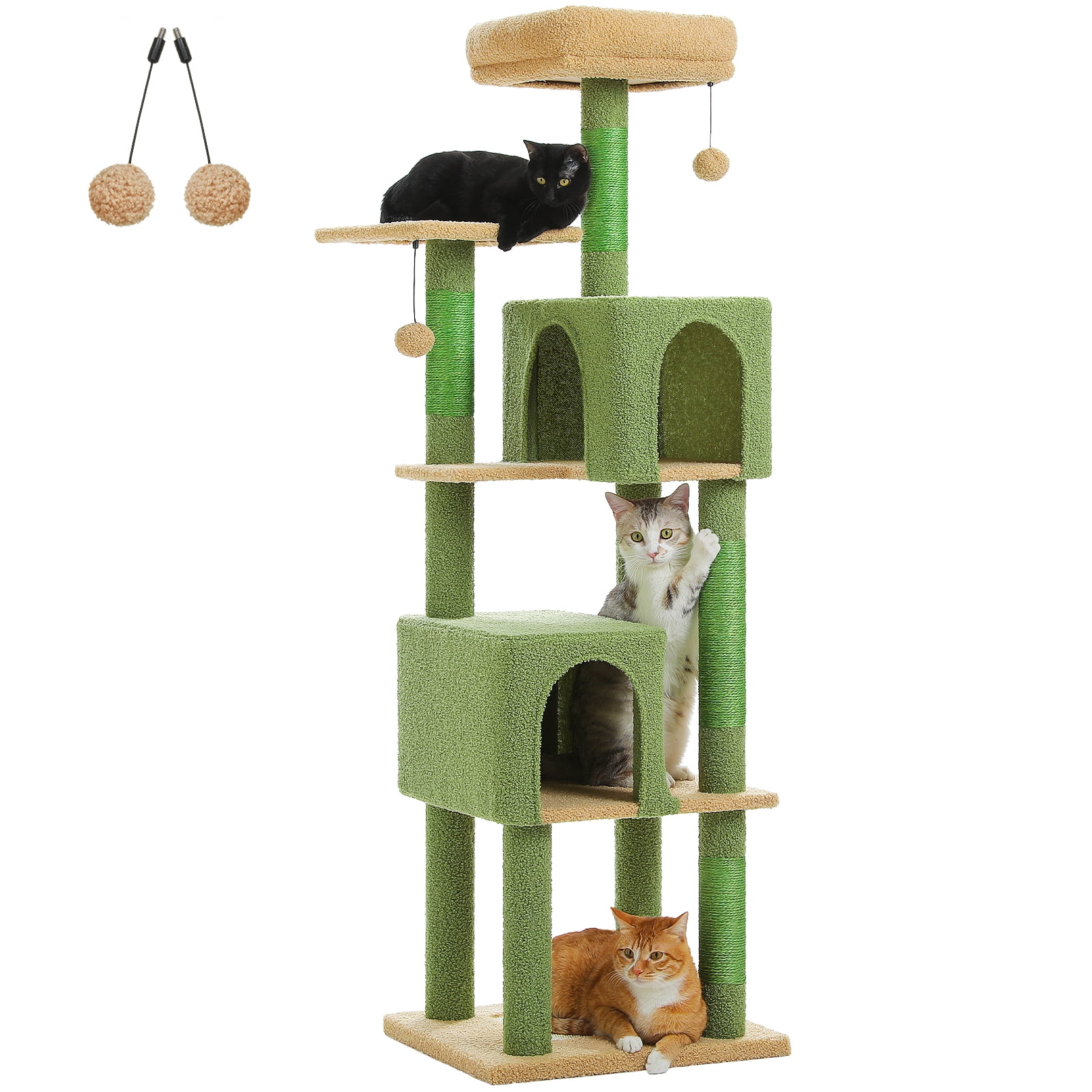 Kadyn 62" Multi-Level Cat Tree for Indoor Cats, Cat Tower with Cozy Cat Condo and Top Perch for Small&Medium Cat, Green