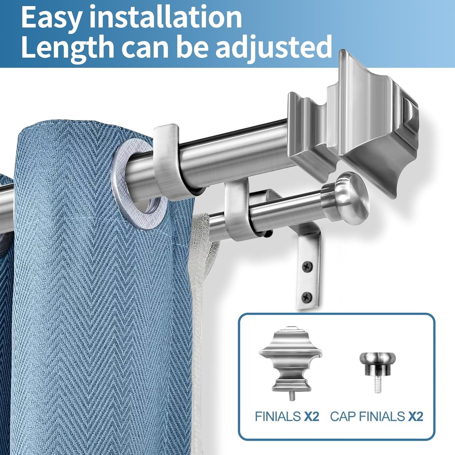 Urbanest Adjustable Double Curtain Rod Set Pila Flat Button Finials – 1″ Front & 5/8 Back Rod With Brushed Steel Rod, 28–48 Inches