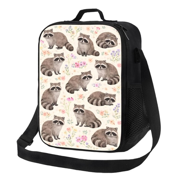 Raccoon Floral Lunch Bag Insulated Thermal Box with Shoulder Strap & Handle for Work and Picnic