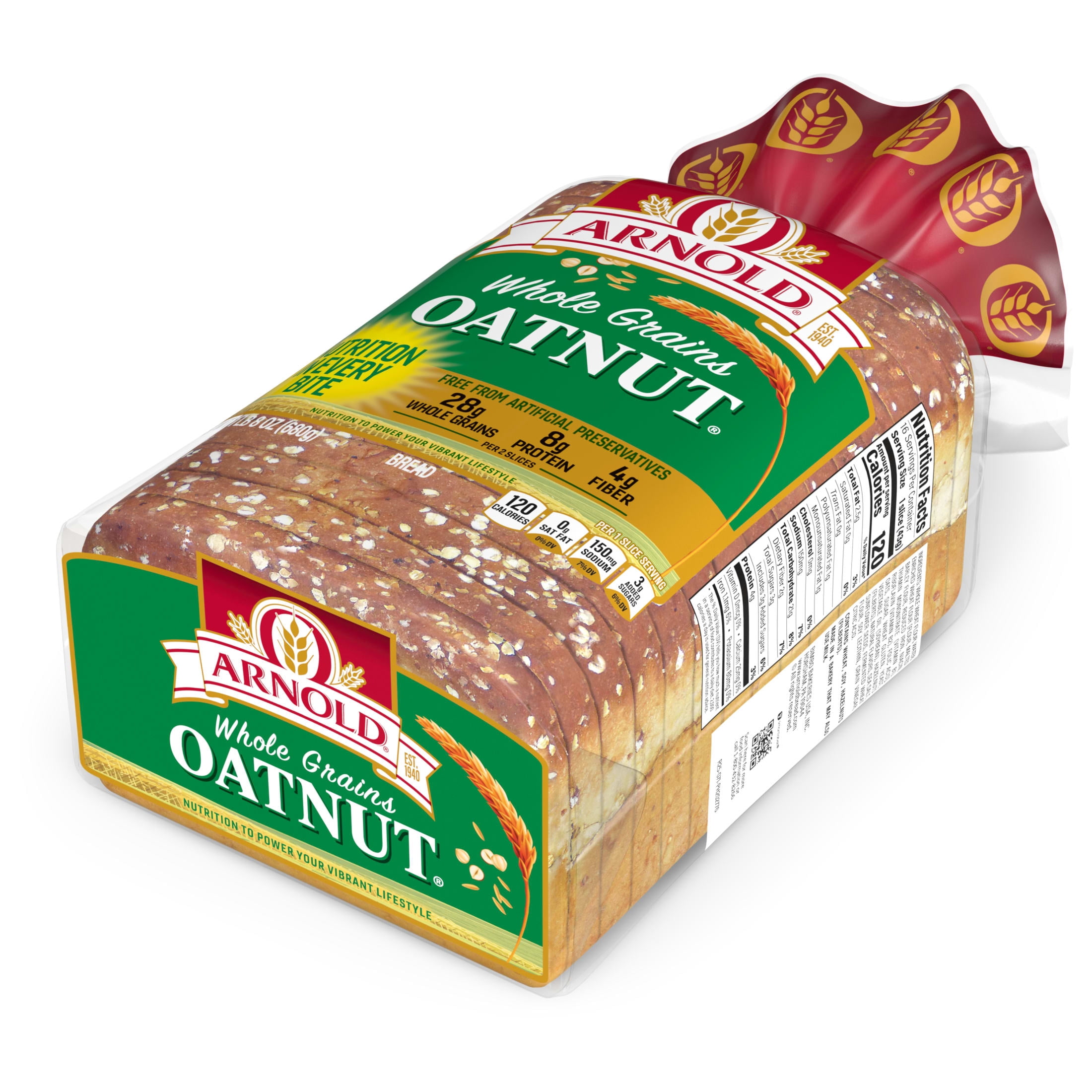 Arnold Whole Grains Oatnut Bread, 24 oz, Pre-sliced Multigrain Bread, Bag