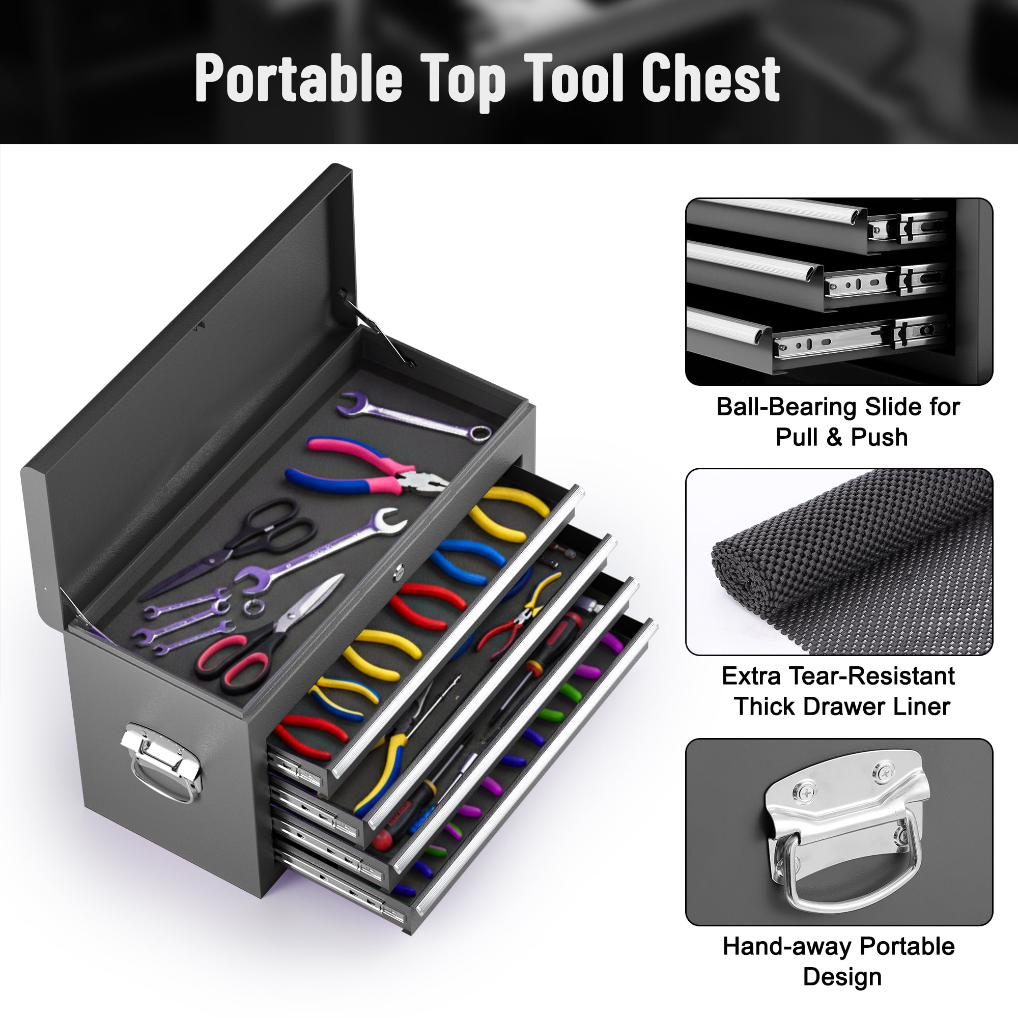 5-Drawer Rolling Tool Chest, Stainless Steel Tool Box with Brake Wheels and 4 Drawers, Black Detachable Tool Cart, Black