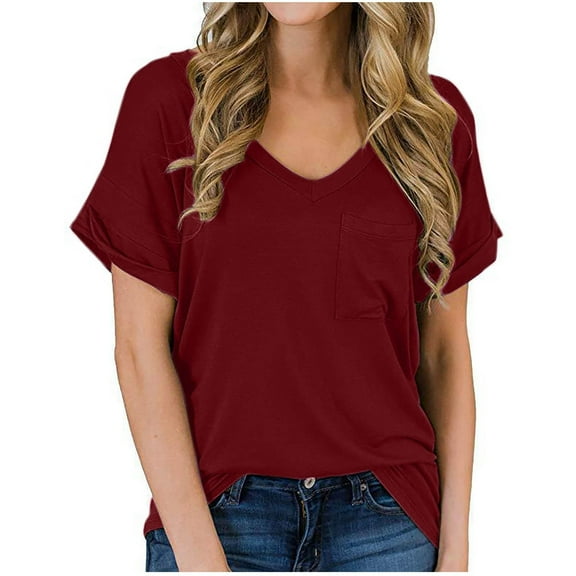 Chbgutlmr T Shirts for Women V Neck Dressy Casual Tops Short Sleeve Solid Color Basic Blouses with Pockets