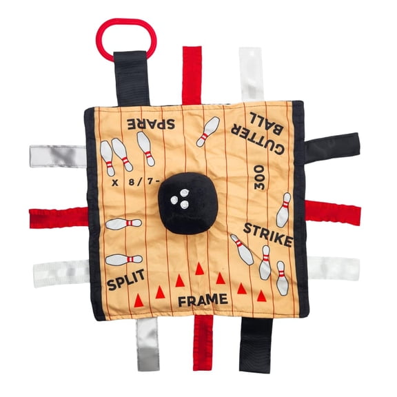 Baby Jack & Co 10x10 Bowling Sports Lovey Sensory Plush Blanket - Tag Toys for Babies - Baby Stroller Toys - Learn Shapes, Letters & Colors - Perfect MVP Baby Toy & Baby Sports Gift w/Stroller Clip
