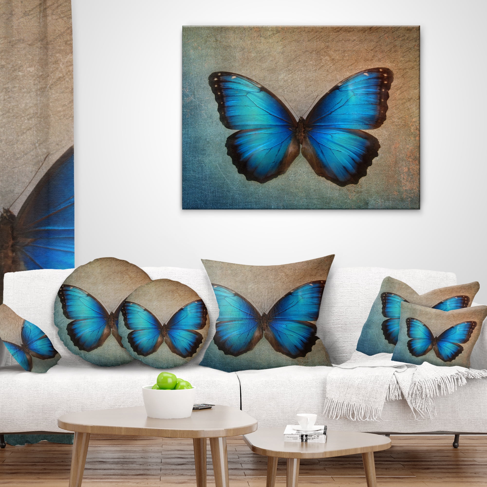 Designart Blue Vintage Butterfly - Floral Throw Pillow - 16x16