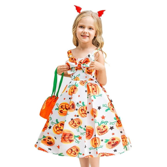 Girls Halloween Costume Dress 2PCS Witch Ghost Pumpkin Skull W/Bag Cosplay Princess Outfits