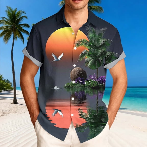 Fnnxeal Mens Hawaiian Shirt Tropical Sunset 3D Print Short Sleeve Button Down Beach Shirt Orange, Big and Tall Sizes S-5XL,Size M