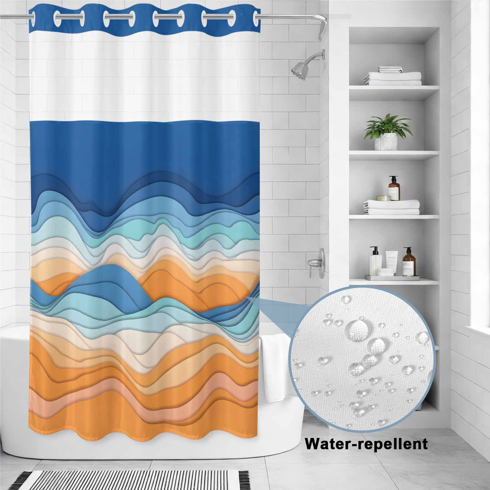 No Hook Shower Curtain Ombre Orange Blue Shower Curtain for Bathroom Abstract Mountain Waves Lines Bath Curtains Waterproof Fabric with See Through Top Window for Spa Hotel 36x72 Inch