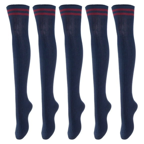 Lovely Annie Big Girl's Women's 5 Pairs Over Knee High Thigh High Cotton Boot Socks Size 6-9(Navy) 5p1c6