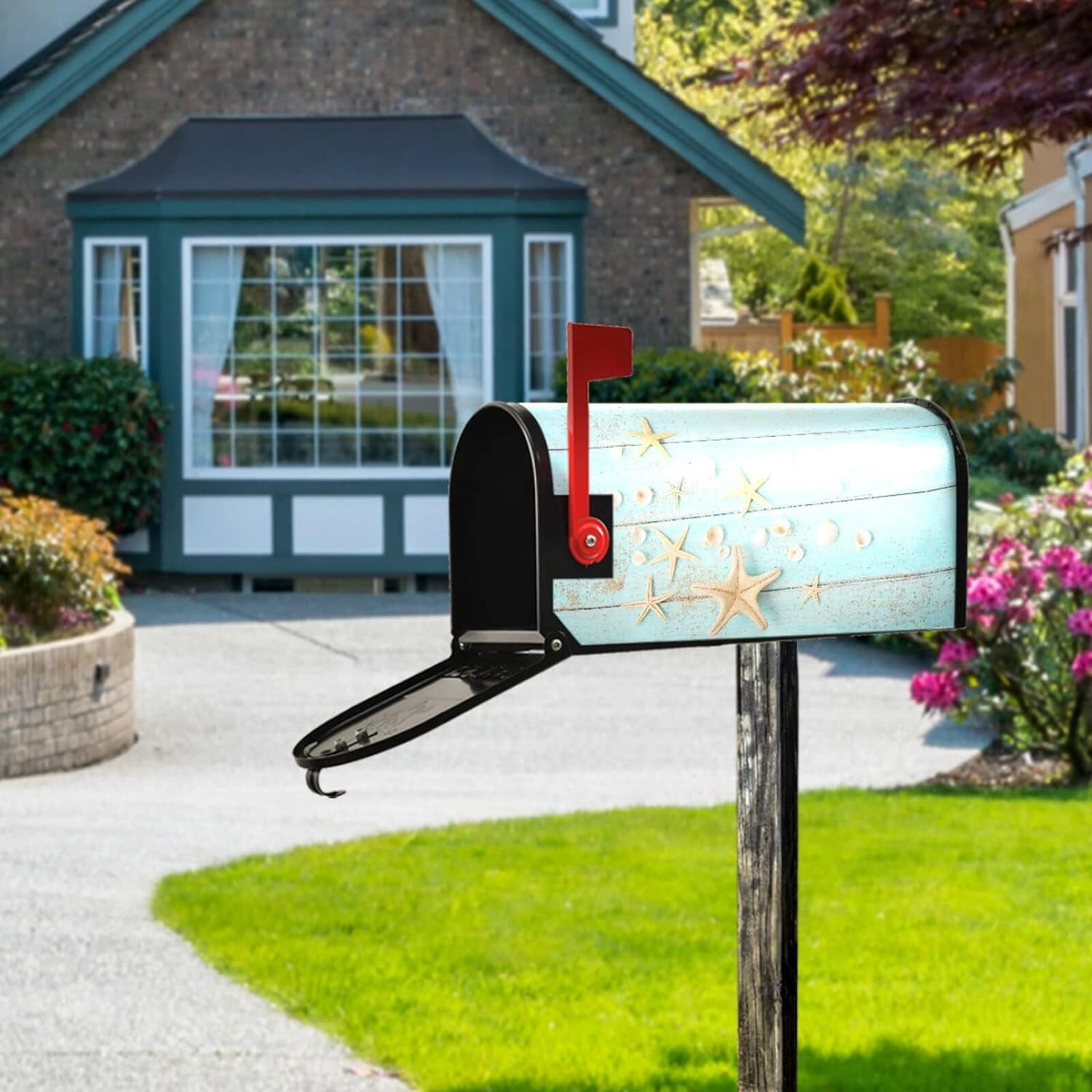 Hello Summer Starfishs Mailbox Cover Blue Wooden Shells Mailbox Covers Magnetic Large Size 25.5" X 21" Mailbox Wraps Post Letter Box Cover Garden Decorations